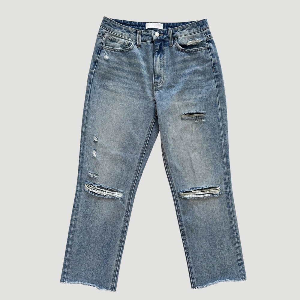 Vervet Blue Distressed Straight Leg Crop Jeans High Rise Raw Hem Sz 28 Grunge